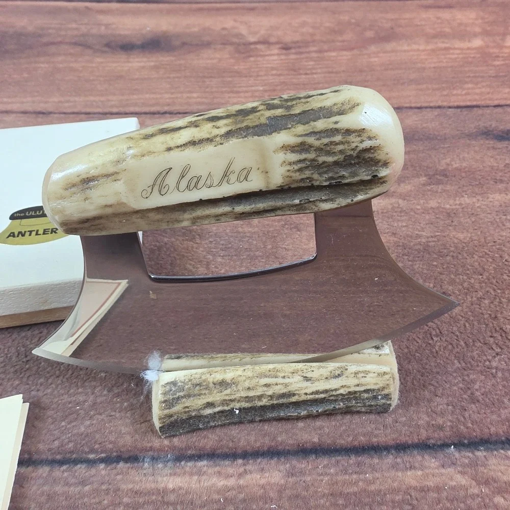 The Ulu Factory Alaska Ulu Knife Antler Handle Silver Excellent Boxed Set